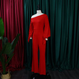 Plus Size Long Sleeve Solid Slash Shoulder Jumpsuit GCZF-8425