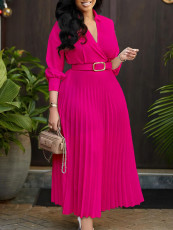 Plus Size Solid Color V Neck Pleated Belt Maxi Dress GCZF-8590