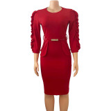 Plus Size Solid Color Long Sleeve Midi Dress GCZF-D092