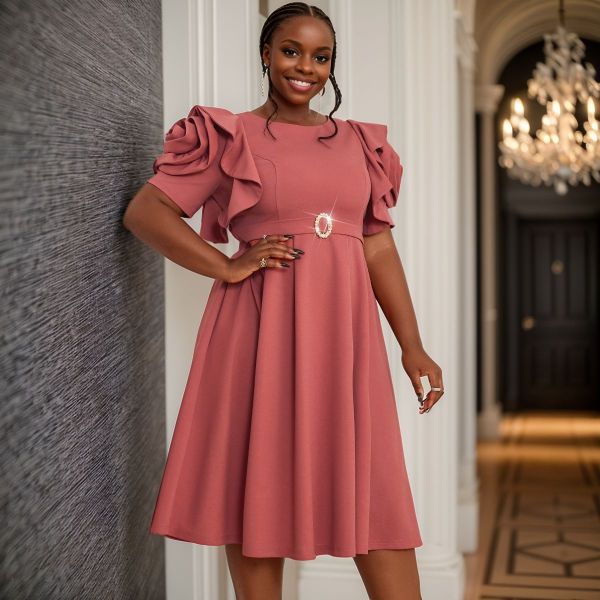 Plus Size Ruffles Sleeve Solid Color Midi Dress GKEN-040736