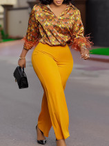 Plus Size Print Long Sleeve Shirt Wide Leg Pants Suit GATE-541