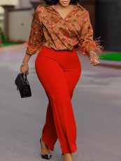 Plus Size Print Long Sleeve Shirt Wide Leg Pants Suit GATE-541