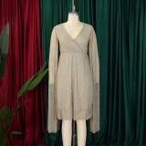 Plus Size V Neck Long Sleeve Midi Dress GMLF-3305