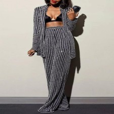 Plus Size Stripe Long Sleeve Knits Two Piece Pants Set GXYY-8078