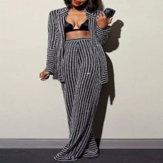 Plus Size Stripe Long Sleeve Knits Two Piece Pants Set GXYY-8078