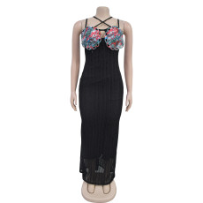 Sleeveless Sling Lace Solid Color Maxi Dress BY-7102