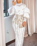 Plus Size Embroidered Long Sleeve Top Two Piece Pants Set GXYY-8273