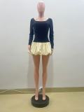 Long Sleeve O Neck Lantern Mini Dress QOUY-6052