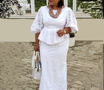 Plus Size Lace Loose Bubble Sleeve Skirt Suit GXYY-8287