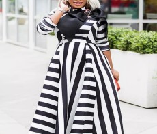 Plus Size Stripe Print Long Sleeve Maxi Dress GXYY-8072