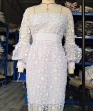 Plus Size Lace Puff Sleeve Mesh Maxi Dress GXYY-8284