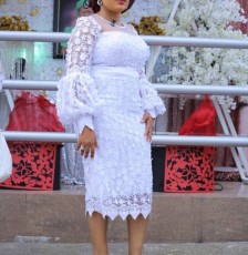 Plus Size Lace Puff Sleeve Mesh Maxi Dress GXYY-8284