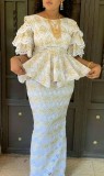 Plus Size Embroidered Lace Long Skirts Two Piece Set GXYY-8259