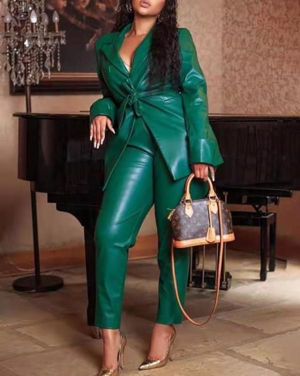 Plus Size Tie Up Blazer Coat And Pants Leather Suit GXYY-8043