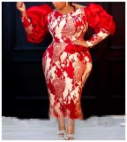 Plus Size Bubble Sleeve Printed Midi Dress GXYY-8089