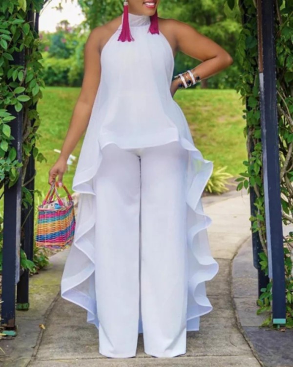 Plus Size Solid Sleeveless Backless Two Piece Pants Set GXYY-8070