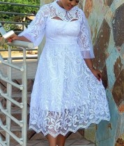 Plus Size Long Sleeve Lace Lace Mesh Long Dress GXYY-8289
