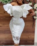 Plus Size Flare Sleeve Split Solid Midi Dress GXYY-7005