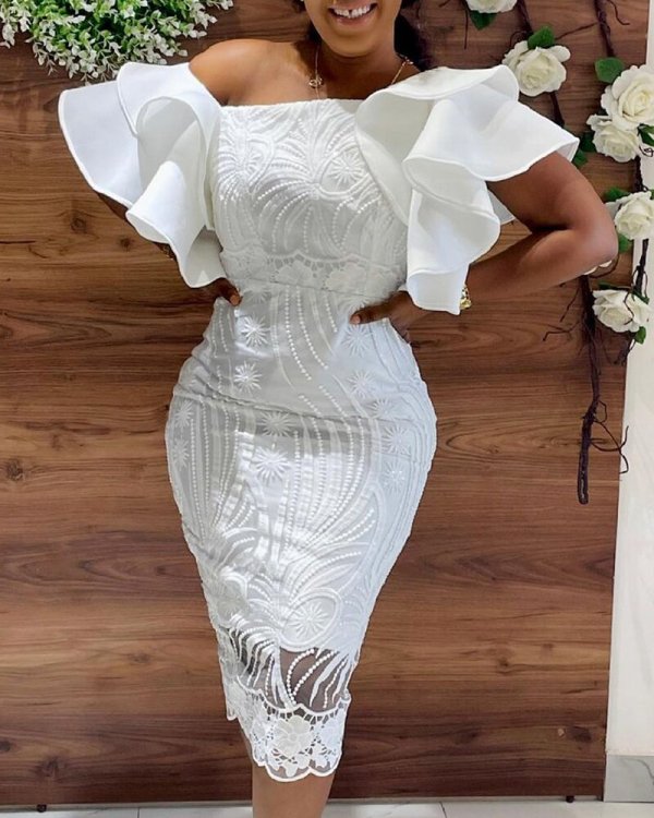 Plus Size Flare Sleeve Split Solid Midi Dress GXYY-7005