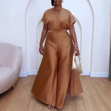 Plus Size Satin Tied Fly Sleeve Wide Leg Two Piece Set NY-10920