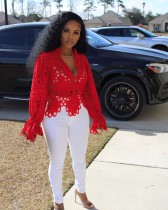 Hollow Out Solid Color Flare Sleeve Tops NIK-1149