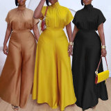 Plus Size Satin Tied Fly Sleeve Wide Leg Two Piece Set NY-10920