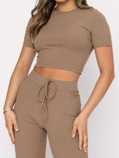 Solid Color Short Sleeve Wide Leg Pant Suit YMZY-0391