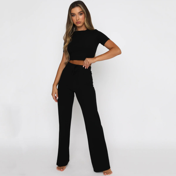 Solid Color Short Sleeve Wide Leg Pant Suit YMZY-0391