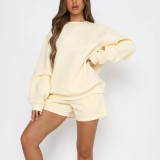 Solid Color Loose O Neck Shorts 2 Piece Set YMZY-8025