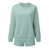 Solid Color Loose O Neck Shorts 2 Piece Set YMZY-8025