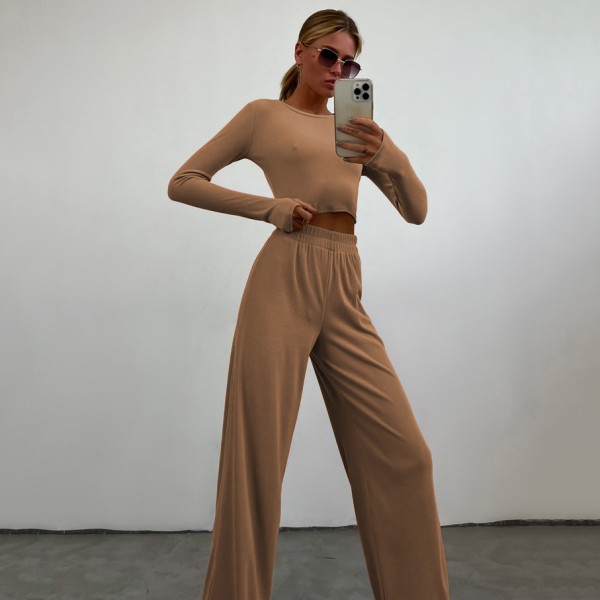 Long Sleeve Solid Color Wide Leg Pants Suit YMZY-0030
