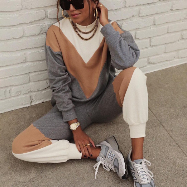 Color Block Sweatshirt Two Piece Pants Set YMZY-615