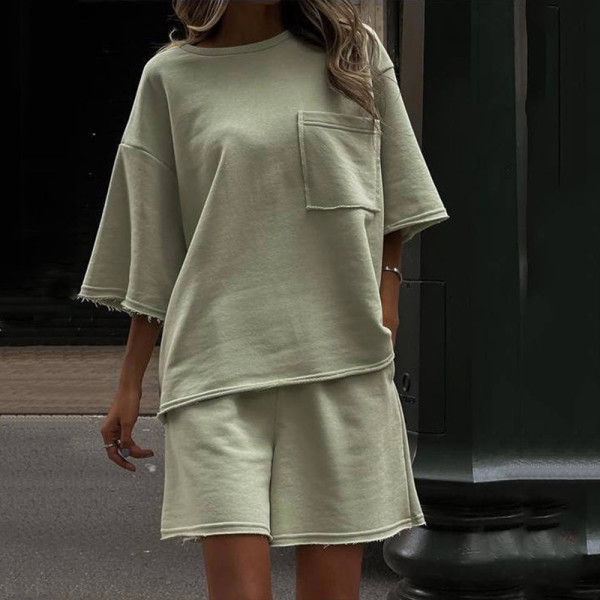 Solid Color Loose Sport Two Piece Short Set YMZY-834