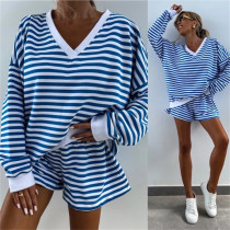 Stripe Color Block V Neck Loose Sport Short Suit YMZY-816
