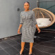 Black White Print 3/4 Sleeve Split Midi Dress SFY-2370