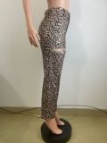 Leoparf Print Hollow Out Rhinestone Pants QODY-6049