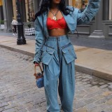 Vintage Loose Wide Leg Denim Two Piece Pants Set GQLF-30059