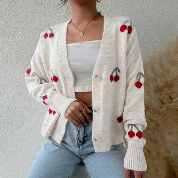 Cherry Sweater Cardigan Long Sleeve Tops GDAM-7182