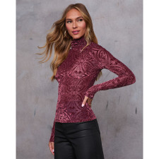 High Neck Velour Burnout Long Sleeve Bottom Shirt Top ASL-6768