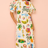 Plus Size Printed Bubble Sleeve Split Lace-Up Midi Dress GHHE-28067