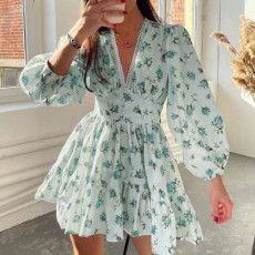 Plus Size Print V Neck Lace Mini Dress GHHE-8536