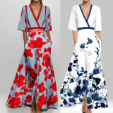 Plus Size V Neck Print Half Sleeve Maxi Dress GHHE-28480