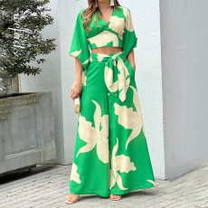 Plus Size V-Neck Lantern Sleeve Crop Top Wide Leg Pants Set GHHE-86478