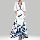 Plus Size V Neck Print Half Sleeve Maxi Dress GHHE-28480