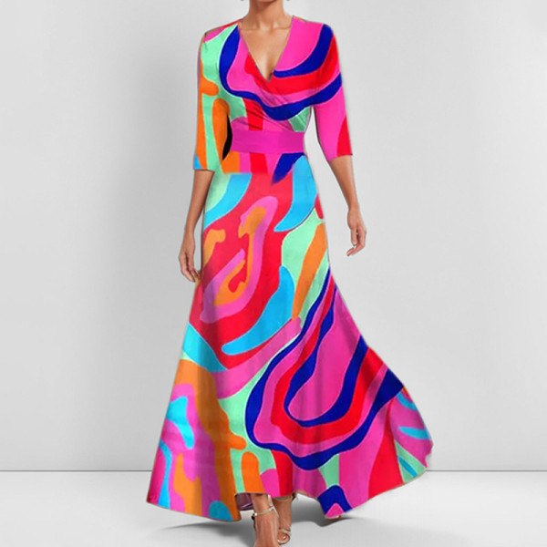 Plus Size Casual Print V Neck Big Swing Maxi Dress GHHE-28751
