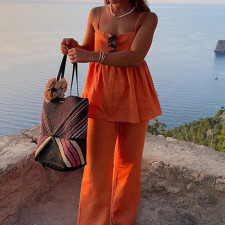 Plus Size Solid Color Loose Sling Two Piece Pants Suit GHHE-28635