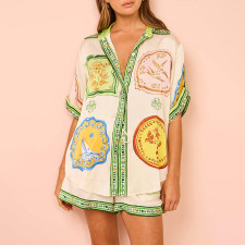 Plus Size Fashion Printed Button Down Shirt Shorts Set GHHE-28063