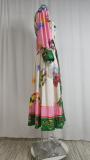 Plus Size Lantern Sleeve Printed Lapel Long Dress GHHE-24761
