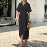 Plus Size Short Sleeve Single Breasted Shirt Dress GHHE-22037-8651