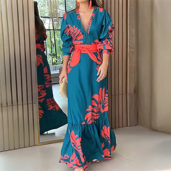 Plus Size V Neck Long Sleeve Tie Up Maxi Dress GHHE-28748